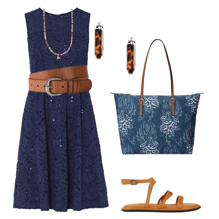 Outfit donna - Blu e cuoio. Stile Casual per Tutti i giorni. Abbinamento con vestiti, cinture, sandali in pelle, collane, orecchini, borse tote.