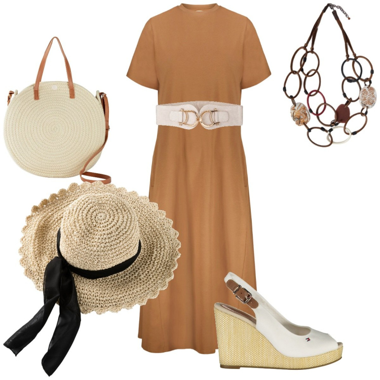 Outfit donna - Cappello di paglia. Stile Basic per Tutti i giorni. Abbinamento con cappelli, cinture, borse a tracolla, vestiti midi/longuette, sandali, collane.