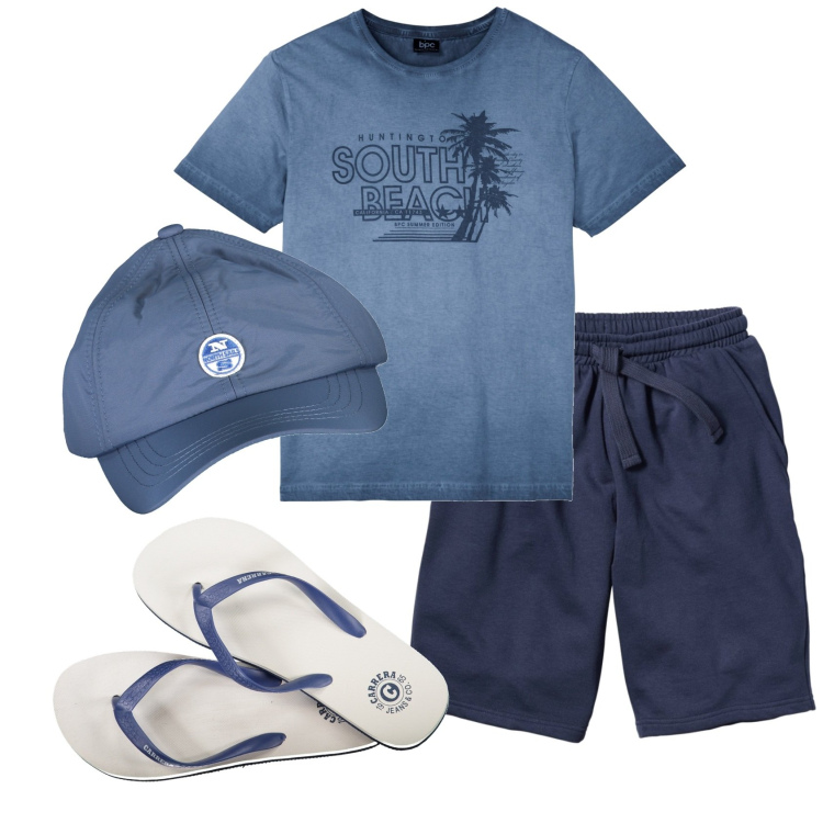 Outfit uomo - Total look #1918497. Stile Casual per Mare. Abbinamento con bermuda, t-shirt, cappelli con visiera, sandali.
