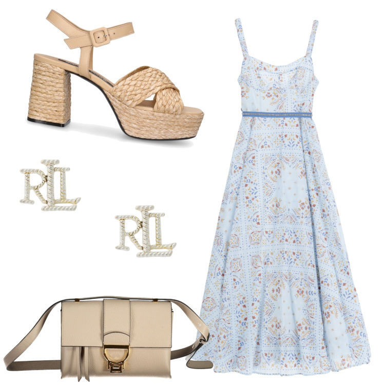 Outfit donna - Il binomio perfetto. Stile Romantica per Tutti i giorni. Abbinamento con vestiti lunghi, orecchini, borse a tracolla, sandali in pelle.