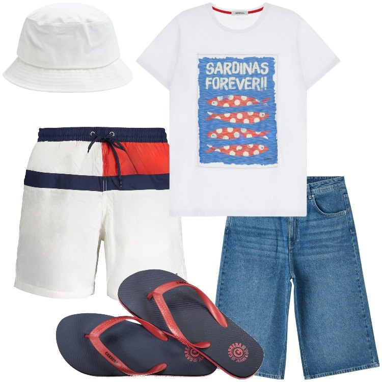 Outfit uomo - I must-have per le vacanze. Stile Casual per Mare. Abbinamento con pantaloni corti, cappelli, t-shirt, sandali, costumi.