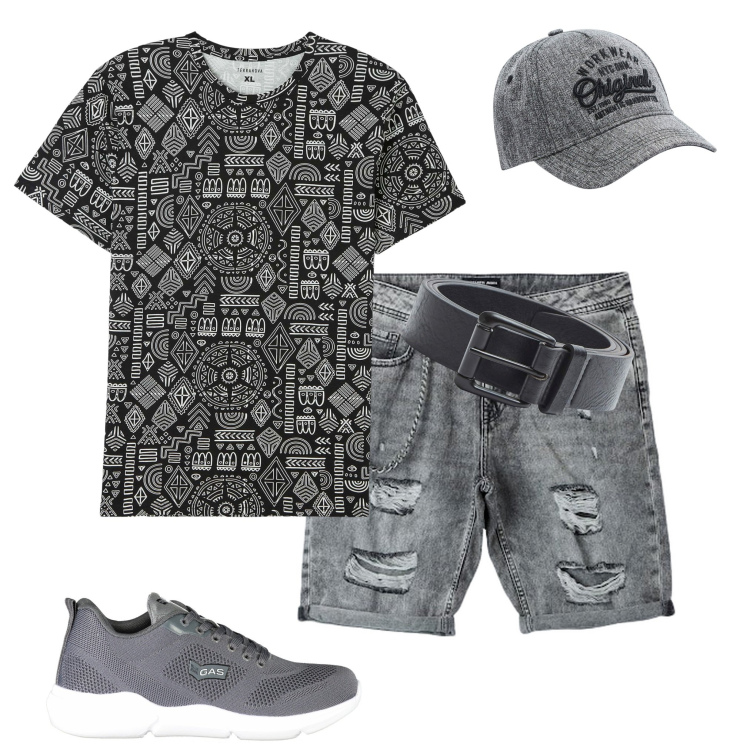 Outfit uomo - Cappello con visiera. Stile Casual per Tutti i giorni. Abbinamento con t-shirt, cappelli, cinture, bermuda, sneakers.