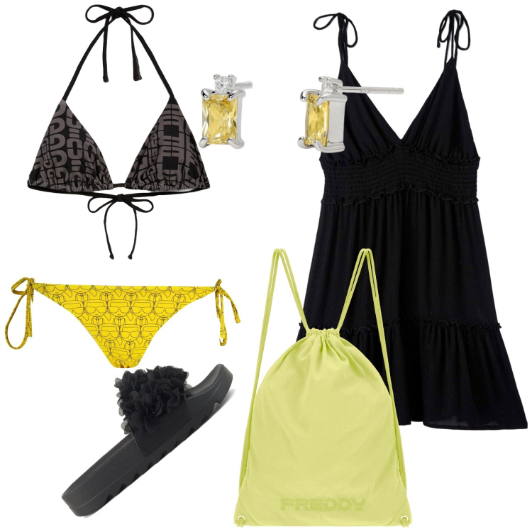 Outfit donna - Happy hour al tramonto. Stile Basic per Mare. Abbinamento con vestiti, orecchini, bikini, zaini, costumi, ciabatte.
