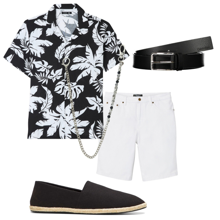 Outfit uomo - Festa black and White. Stile Casual per Serata speciale. Abbinamento con espadrillas, bermuda, camicie a manica corta, collane, cinture.