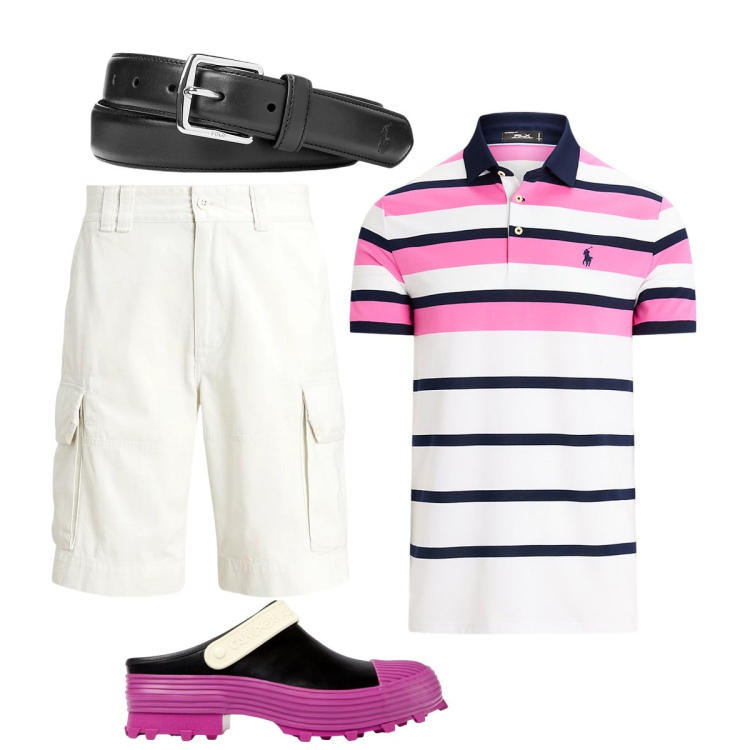 Outfit uomo - Coordinato…. Stile Trendy per Serata speciale. Abbinamento con cinture, polo, shorts, sandali.