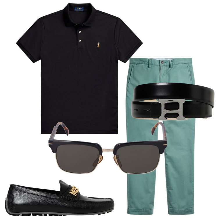 Outfit uomo - In città. Stile Casual per Tutti i giorni. Abbinamento con polo, pantaloni, occhiali da sole, scarpe stringate, cinture.