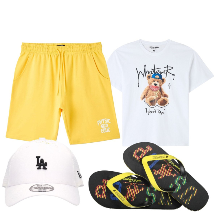 Outfit uomo - Total look #1918558. Stile Casual per Mare. Abbinamento con t-shirt, bermuda, sandali, cappelli.