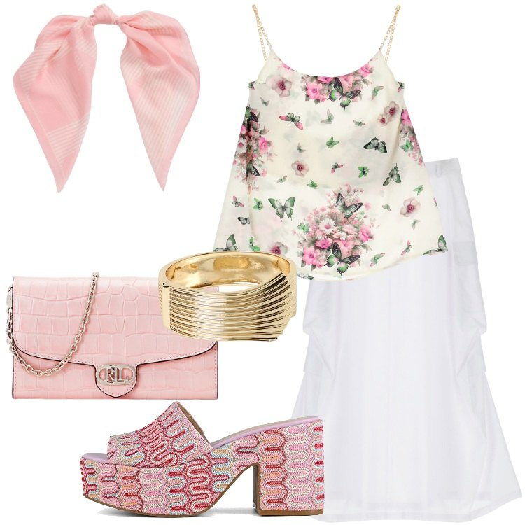 Outfit donna - Lo stile Bohèmien. Stile Boho per Serata fuori. Abbinamento con canottiere, gonne lunghe, borse a tracolla, foulard, sabot, braccialetti.