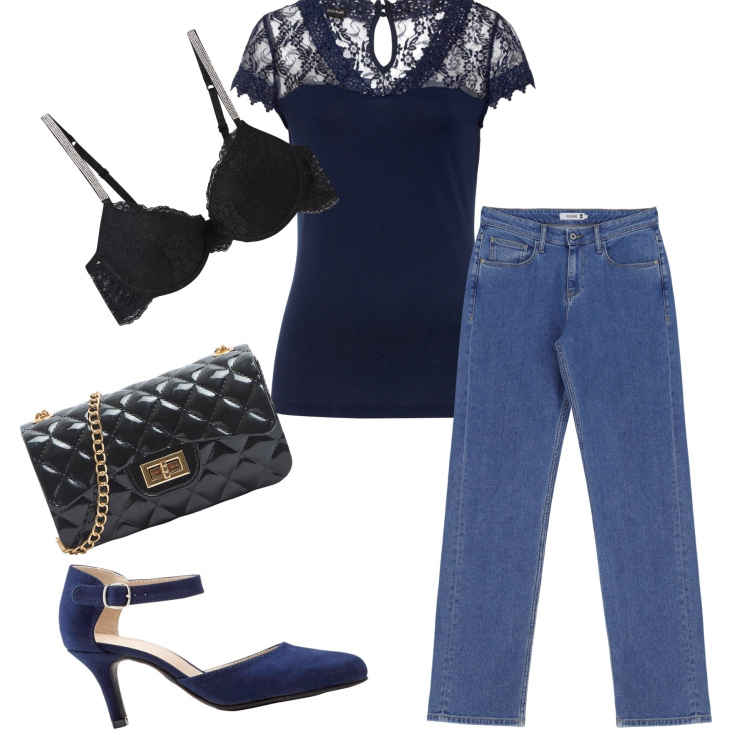 Outfit donna - Serata in jeans ma con pizzo. Stile Glamour per Serata fuori. Abbinamento con décolleté, maglieria, borse a tracolla, reggiseni a balconcino, jeans dritti.