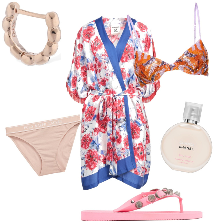 Outfit donna - Comodamente in relax. Stile Glamour per Tutti i giorni. Abbinamento con camicie, profumi, culotte, orecchini, infradito, reggiseni.