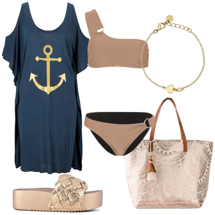 Outfit donna - Monospalla. Stile Casual chic per Mare. Abbinamento con vestiti da spiaggia, bikini, shopping bag, braccialetti, sandali.
