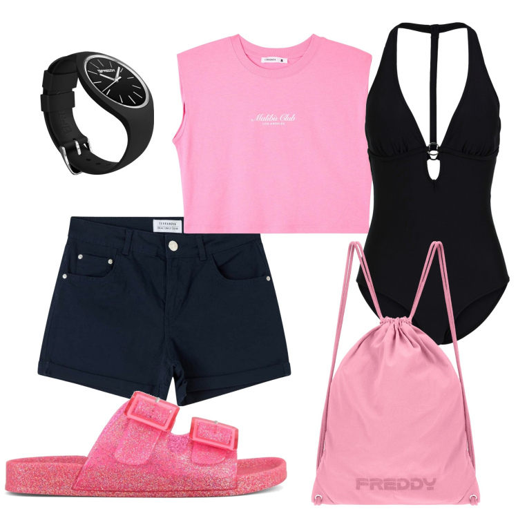 Outfit donna - Costume intero. Stile Casual per Mare. Abbinamento con costumi interi, t-shirt, shorts, zaini, orologi, sandali.