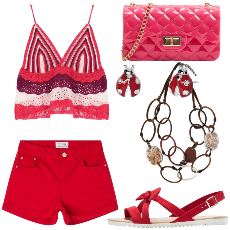 Outfit donna - Total look #1918613. Stile Casual per Tutti i giorni. look ideale per Petite. Abbinamento con sandali, borse a tracolla, shorts, orecchini, top, collane.