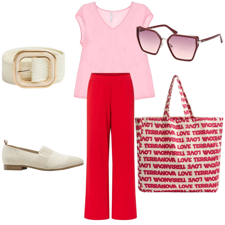 Outfit donna - In ufficio. Stile Bon Ton per Scuola/Università. Abbinamento con pantaloni a palazzo, mocassini, borse tote, cinture, canottiere, occhiali da sole.