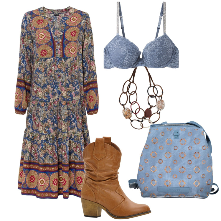 Outfit donna - Boho sopra e sotto. Stile Boho per Tutti i giorni. Abbinamento con stivaletti texani, vestiti, reggiseni a balconcino, zaini, collane.