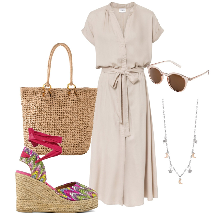 Outfit donna - Super zeppe. Stile Bon Ton per Ufficio. Abbinamento con vestiti chemisier, occhiali da sole, shopping bag, collane, sandali col tacco.