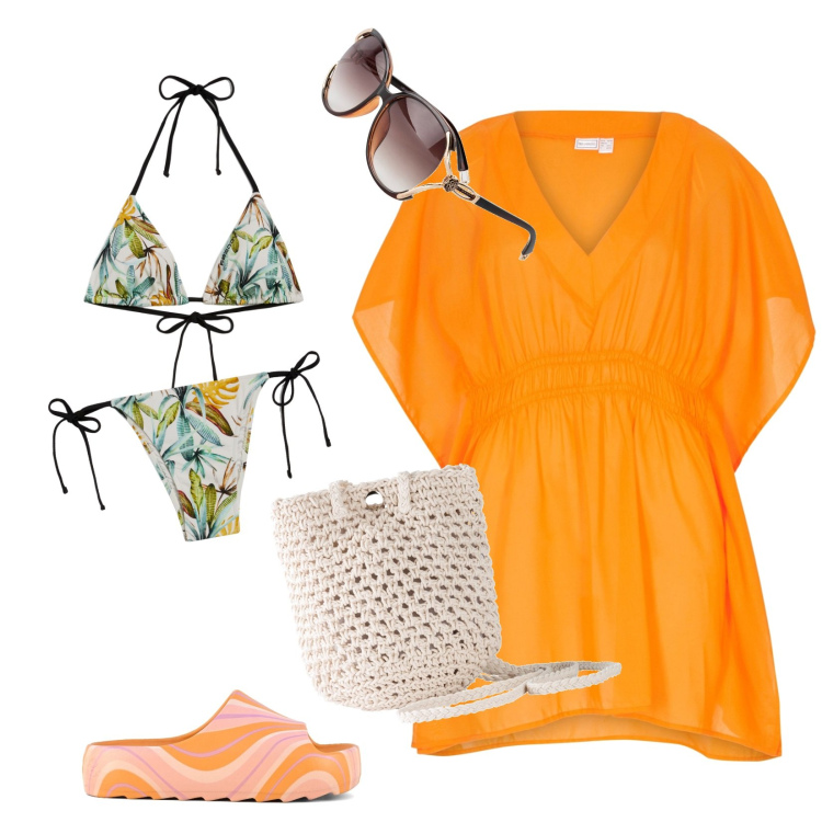 Outfit donna - Total look #1918657. per Mare. Abbinamento con occhiali da sole, vestiti da spiaggia, borse a tracolla, bikini, bikini, ciabatte.