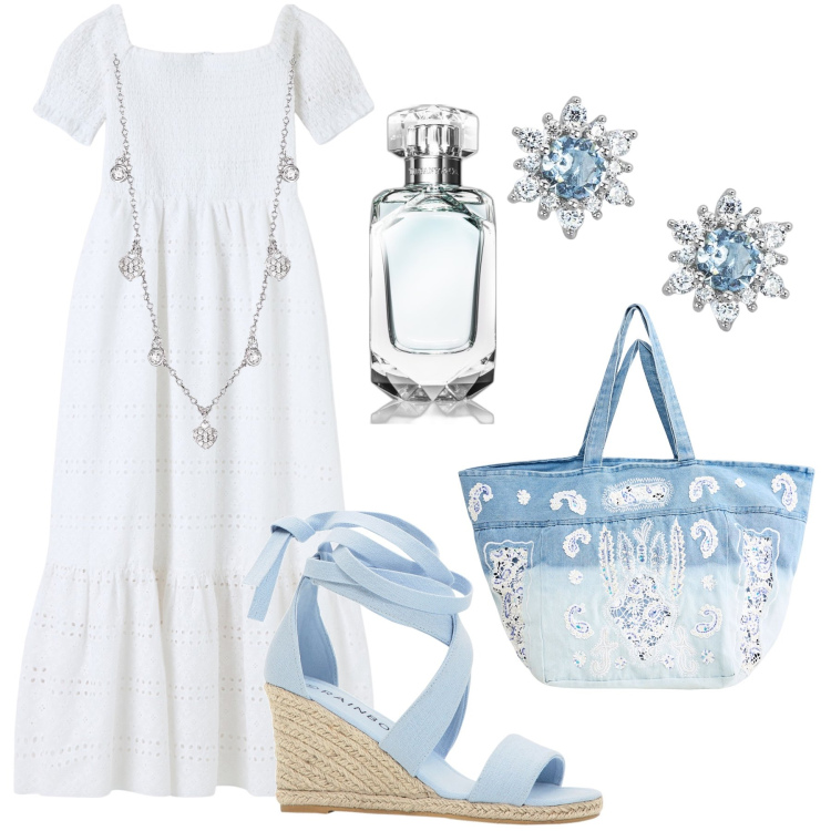 Outfit donna - Estate romantica. Stile Romantica per Tutti i giorni. Abbinamento con sandali, profumi, vestiti lunghi, shopping bag, orecchini, collane.