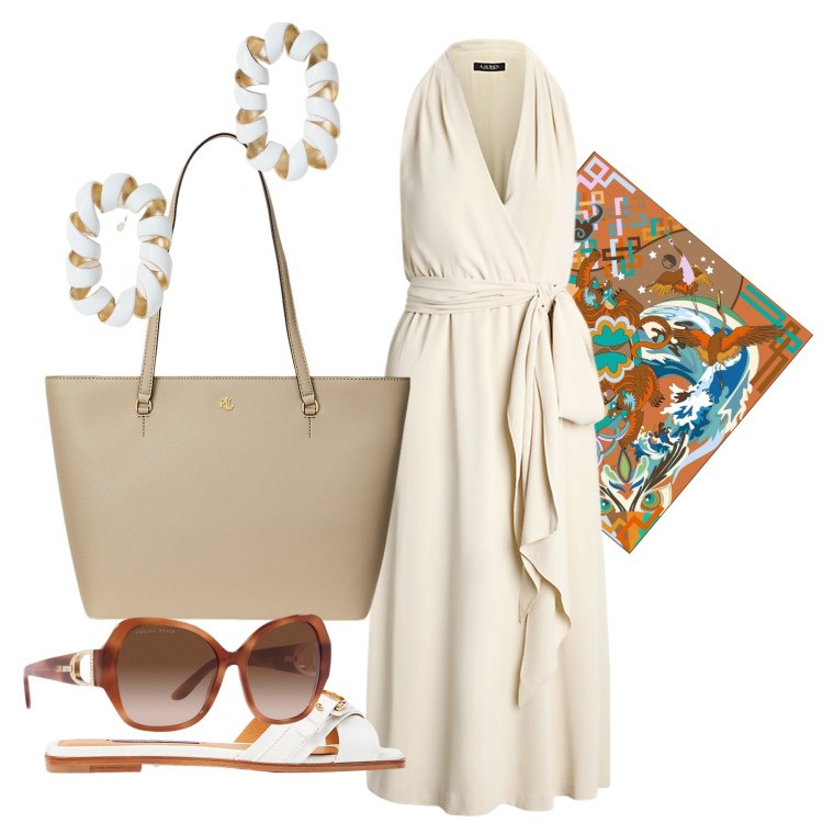 Outfit donna - Marilyn. Stile Chic per Tutti i giorni. Abbinamento con vestiti senza maniche, occhiali da sole, borse tote, sandali col tacco, foulard, orecchini.