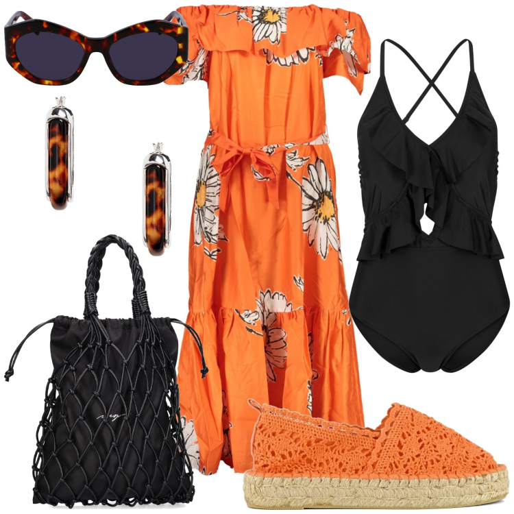 Outfit donna - Costume intero nero. Stile Casual per Mare. Abbinamento con costumi interi, orecchini, vestiti lunghi, espadrillas, shopping bag, occhiali da sole.