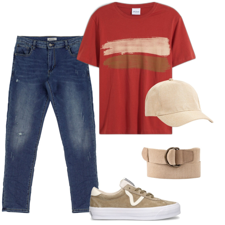 Outfit uomo - Total look #1918665. Stile Urban per Tutti i giorni. Abbinamento con t-shirt, cappelli, jeans slim fit, scarpe sportive, cinture.