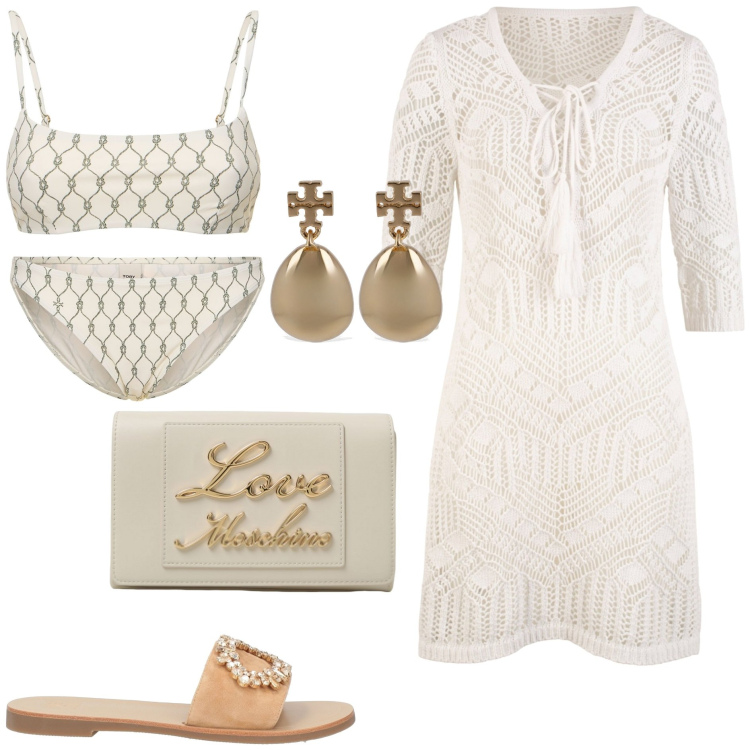 Outfit donna - I costumi per l\'estate. Stile Trendy per Mare. Abbinamento con vestiti da spiaggia, sandali in pelle, bikini, bikini, borse a tracolla, orecchini.