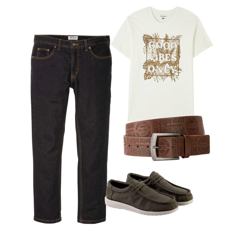 Outfit uomo - Good vibes only. Stile Casual per Serata speciale. Abbinamento con jeans dritti, cinture, t-shirt, scarpe stringate.