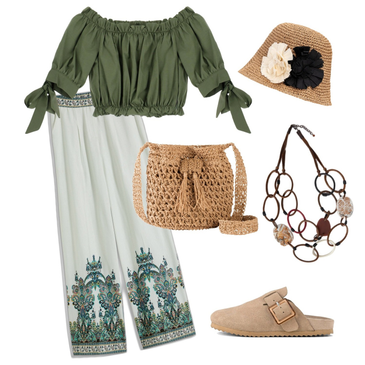 Outfit donna - Paglia e verde. Abbinamento con pantaloni, borse a tracolla, bluse, sabot, collane, cappelli.