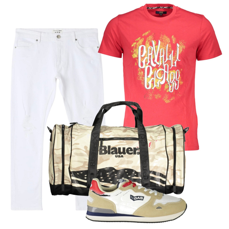Outfit uomo - Total look #1918687. Stile Urban per Tutti i giorni. Abbinamento con jeans strappati, t-shirt, sneakers, borse sportive.