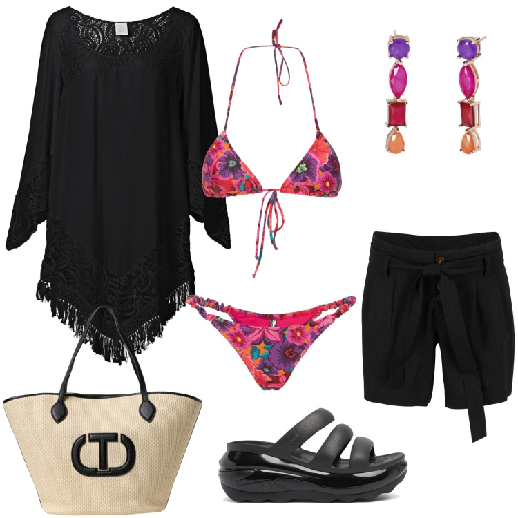 Outfit donna - In spiaggia da mattina all\'aperitivo 1. Stile Casual chic per Mare. Abbinamento con vestiti da spiaggia, shorts, orecchini, bikini, ciabatte, borse tote.
