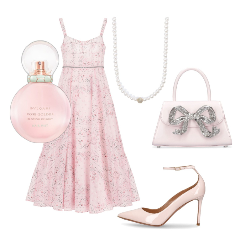 Outfit donna - Cerimonia a luglio. Stile Chic per Cerimonia. Abbinamento con profumi, collane, vestiti lunghi, borse a mano, décolleté.