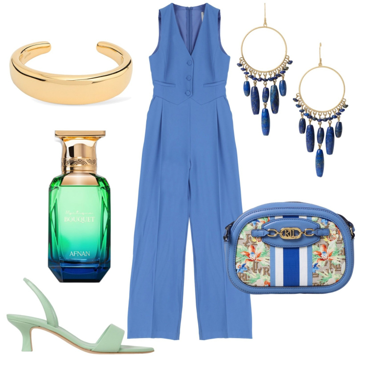 Outfit donna - I colori dell\'estate. Stile Trendy per Tutti i giorni. Abbinamento con profumi, tute, orecchini, borse a spalla, braccialetti, sandali in pelle.