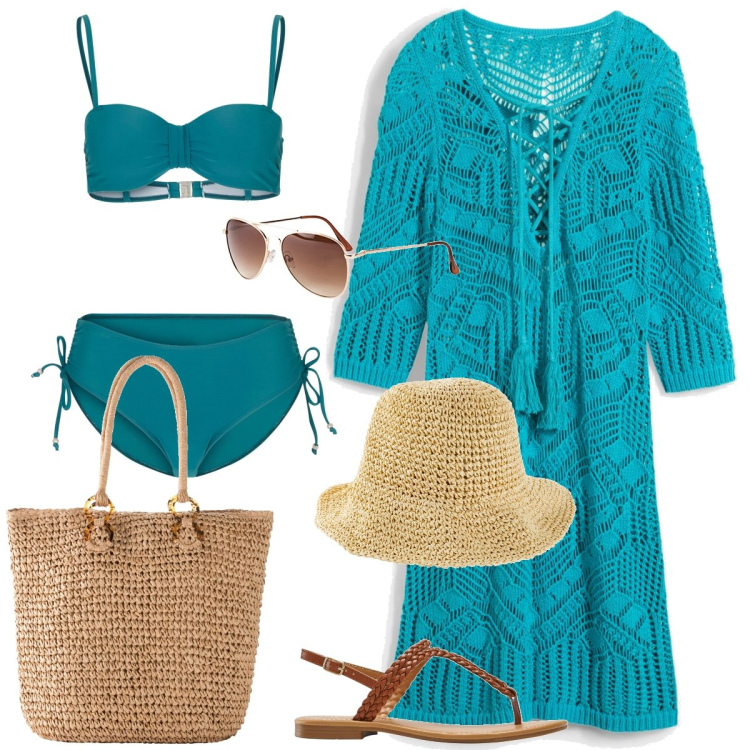 Outfit donna - Total look #1918701. Stile Boho per Mare. Abbinamento con bikini, cappelli, occhiali da sole, vestiti da spiaggia, shopping bag, ciabatte.