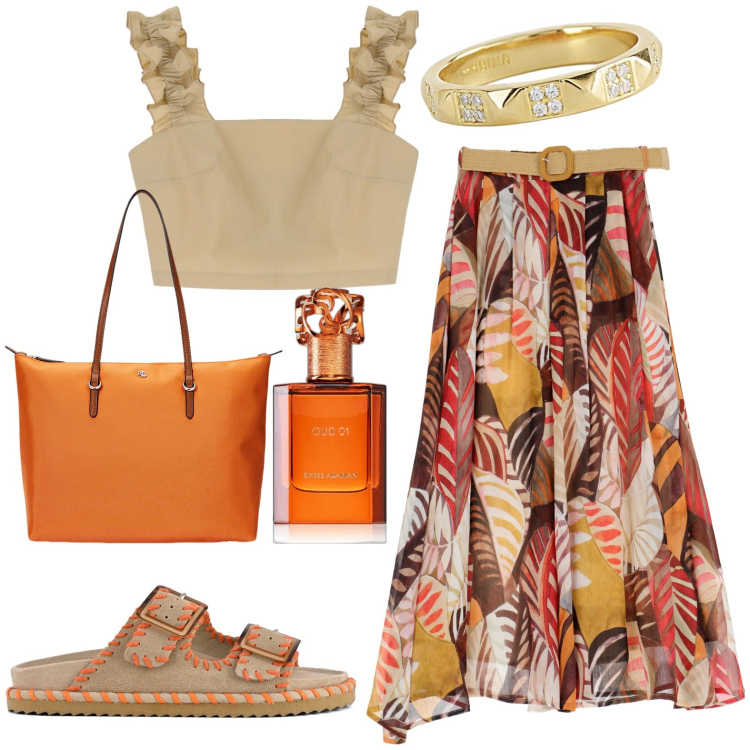 Outfit donna - Total look #1918711. Stile Romantica per Tutti i giorni. Abbinamento con profumi, gonne lunghe, anelli, top, borse tote, sandali.