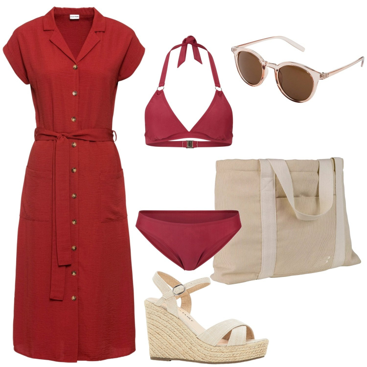Outfit donna - Un salto al mare. Stile Basic per Mare. Abbinamento con vestiti, sandali, occhiali da sole, bikini, shopping bag.