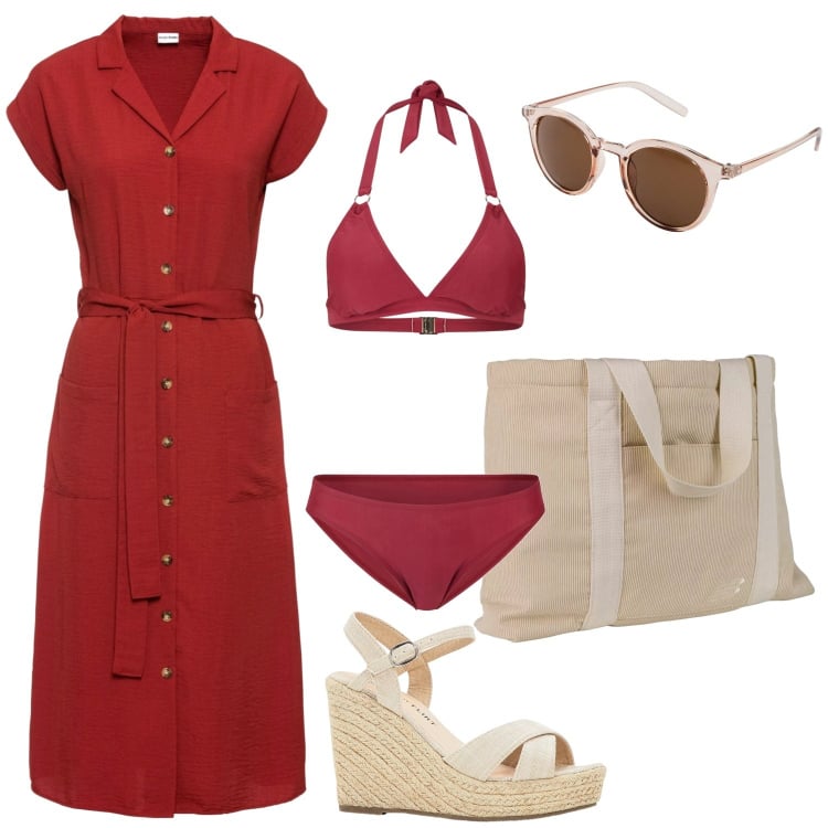 Outfit donna - Un salto al mare. Stile Basic per Mare. Abbinamento con vestiti, occhiali da sole, bikini, sandali, shopping bag.