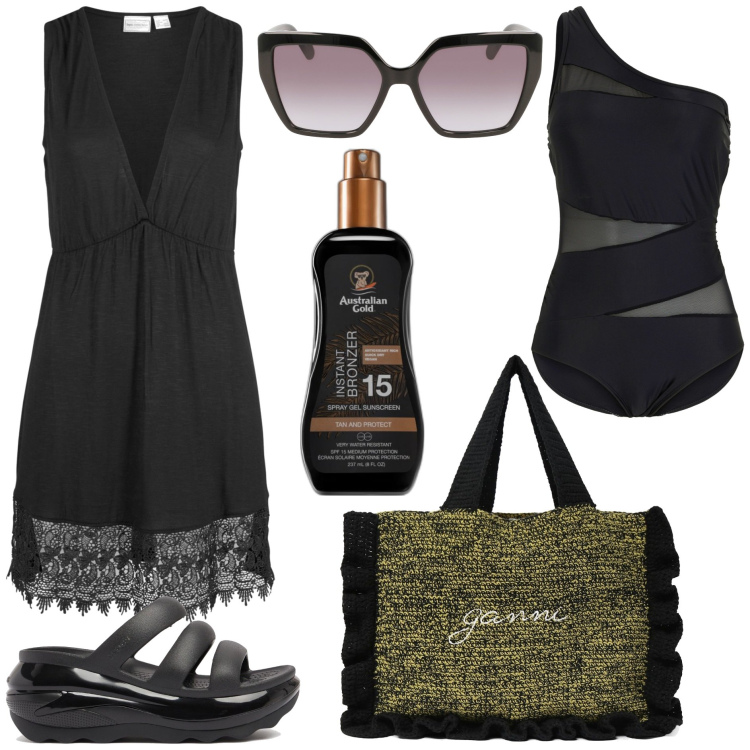 Outfit donna - Forme morbide in spiaggia. Stile Trendy per Mare. Abbinamento con vestiti da spiaggia, costumi interi, terre, ciabatte, shopping bag, occhiali da sole.