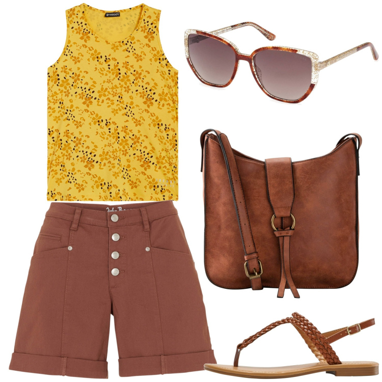 Outfit donna - Colori curry. Stile Basic per Tutti i giorni. Abbinamento con borse a tracolla, shorts, ciabatte, canottiere, occhiali da sole.