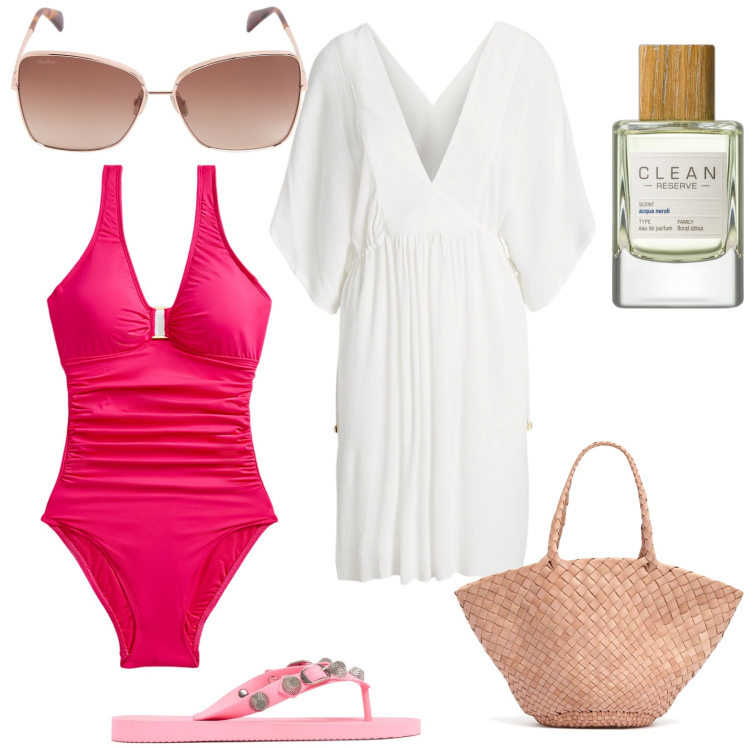 Outfit donna - Pronta per le vacanze. Stile Casual per Mare. Abbinamento con profumi, costumi interi, vestiti da spiaggia, infradito, shopping bag, occhiali da sole.