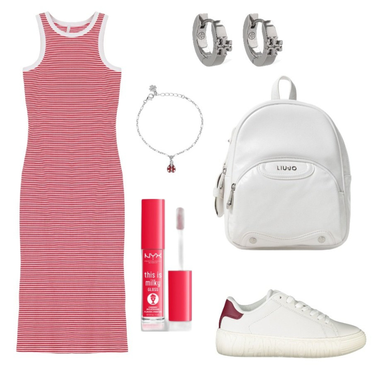 Outfit donna - Total look #1918742. Stile Casual per Tutti i giorni. Abbinamento con gloss, braccialetti con ciondoli, vestiti lunghi, zaini, orecchini, scarpe sportive.