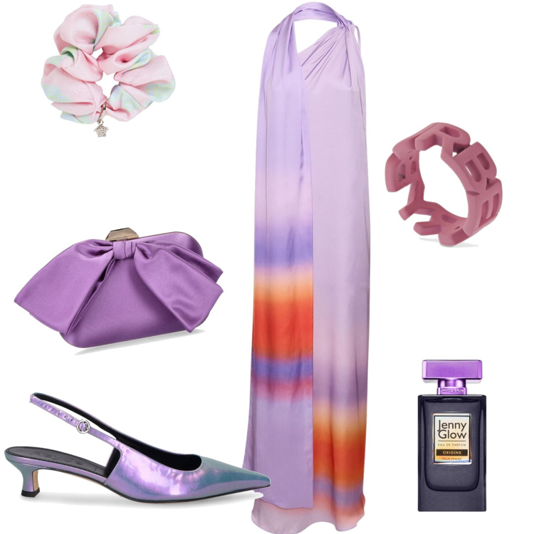 Outfit donna - Una splendida serata. Stile Chic per Serata fuori. Abbinamento con profumi, vestiti, décolleté, anelli, pochette, accessori per capelli.