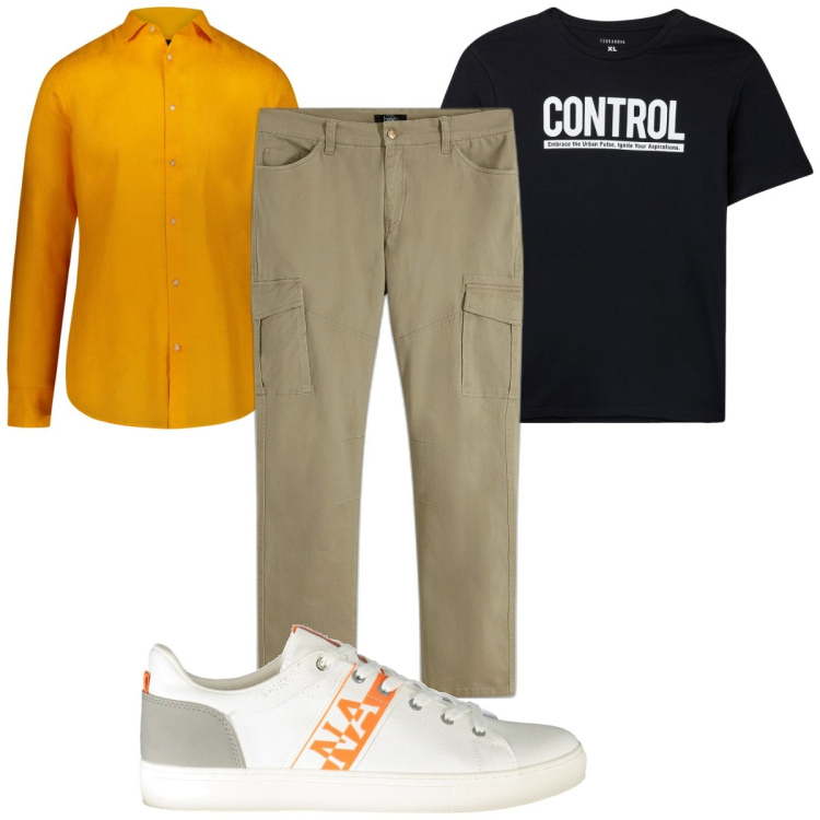 Outfit uomo - Total look #1918748. Stile Trendy per Tutti i giorni. Abbinamento con pantaloni cargo, t-shirt, camicie, sneakers.