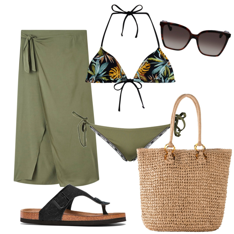 Outfit donna - Oggi al mare. Stile Trendy per Mare. Abbinamento con infradito, shopping bag, vestiti da spiaggia, bikini, costumi, occhiali da sole.
