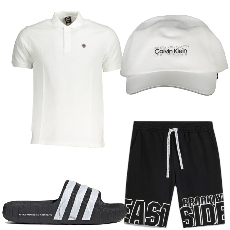 Outfit uomo - Total look #1918778. Stile Trendy per Tutti i giorni. Abbinamento con bermuda, polo, cappelli con visiera, sandali.
