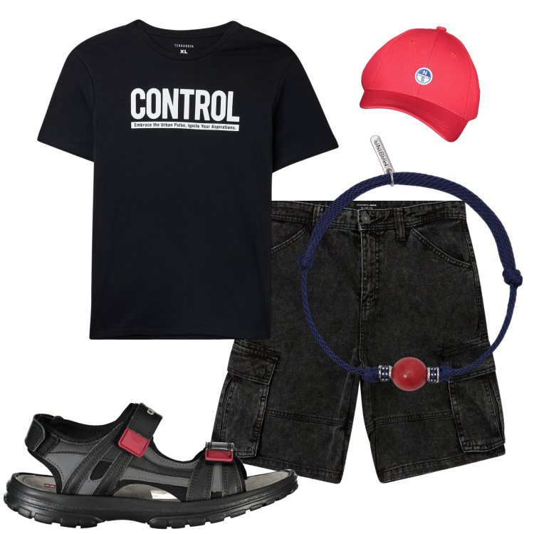 Outfit uomo - Control. Stile Casual per Tutti i giorni. Abbinamento con t-shirt, pantaloni corti, braccialetti, sandali, cappelli con visiera.