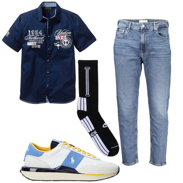 Outfit uomo - Total look #1918797. Stile Trendy per Tutti i giorni. Abbinamento con camicie a manica corta, sneakers, jeans, calzini.