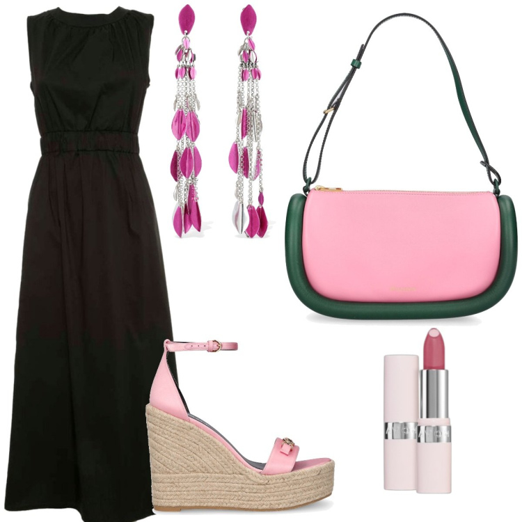 Outfit donna - Zeppe+abito. Stile Bon Ton per Serata fuori. Abbinamento con rossetti, vestiti lunghi, orecchini, zeppe, borse a spalla.