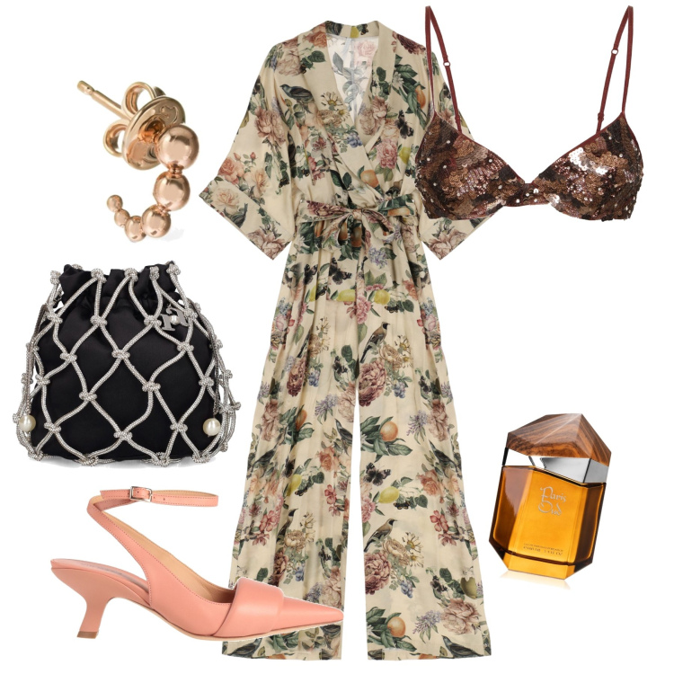 Outfit donna - Tuta da cerimonia. Stile Glamour per Cerimonia. Abbinamento con décolleté, profumi, tute, reggiseni, pochette, orecchini.