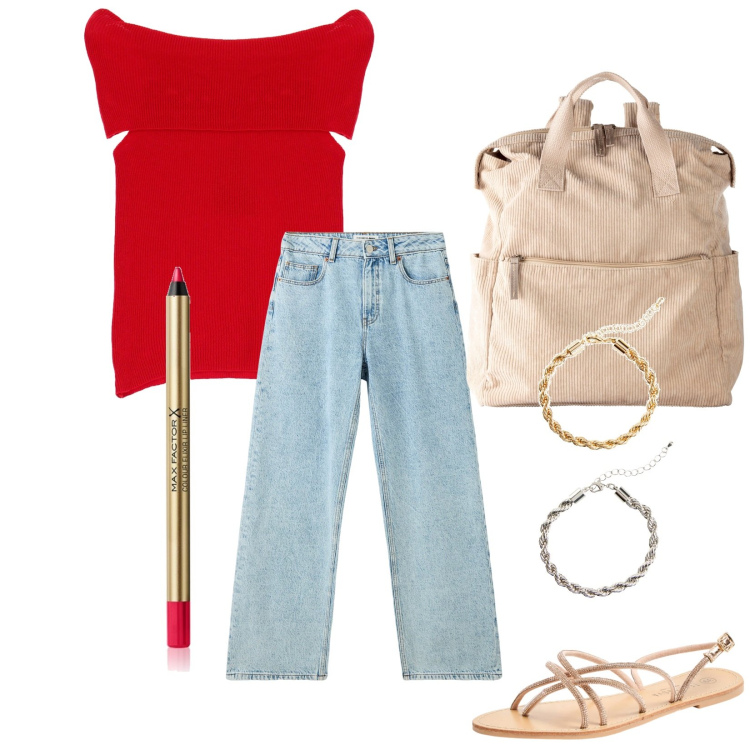 Outfit donna - Total look #1918822. Stile Casual per Tutti i giorni. Abbinamento con zaini, braccialetti, matite labbra, sandali, jeans, top.