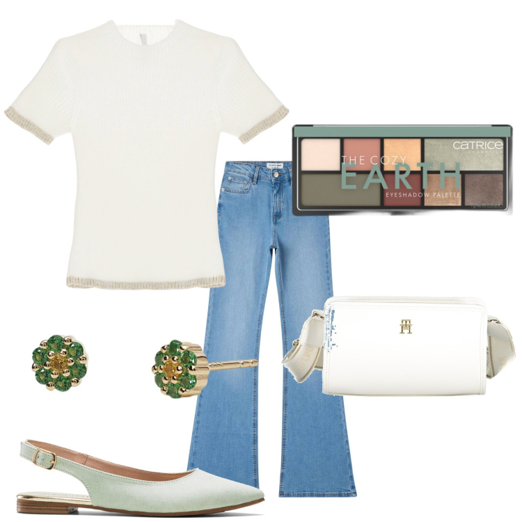 Outfit donna - Total look #1918824. Stile Casual per Tutti i giorni. Abbinamento con ballerine, ombretti, jeans a zampa, orecchini, maglieria, borse a tracolla.